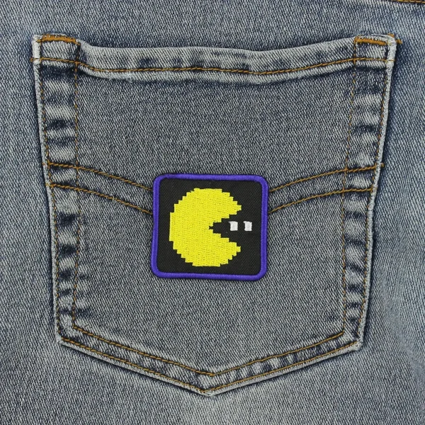 Pac Man Pixel Ball Eater Embroidered Patch on black jeans