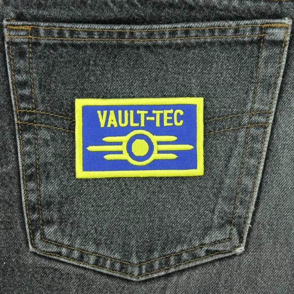 Fallout Vault-Tec Embroidered Patch on black jeans