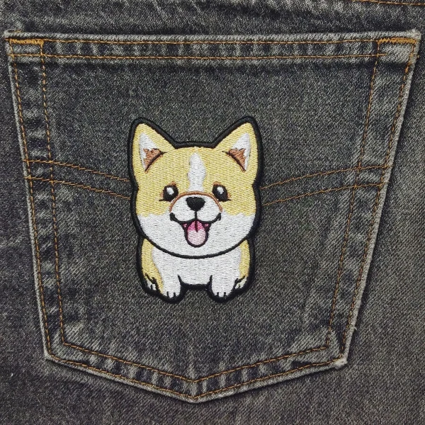 Cute Shiba Inu Dog Embroidered Patch on black jeans