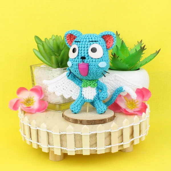 Happy Blue Cat Crochet Amigurumi with Flowers