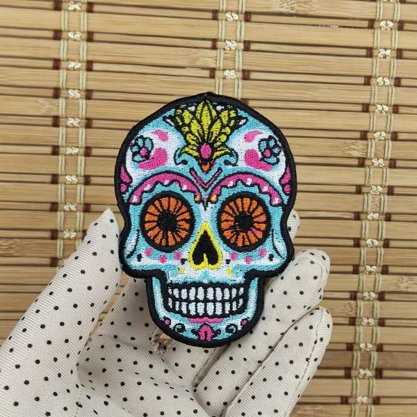 Mexican Sugar Skull Embroidered Patch on holding hand