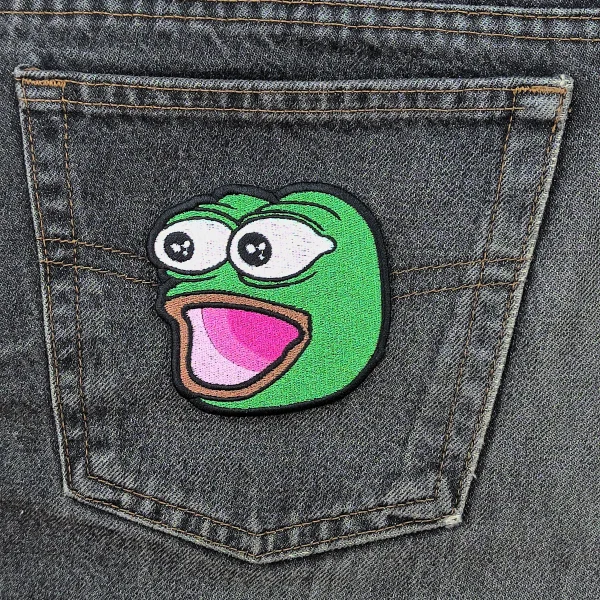 medium Poggers Emote Embroidered Patch on black jeans