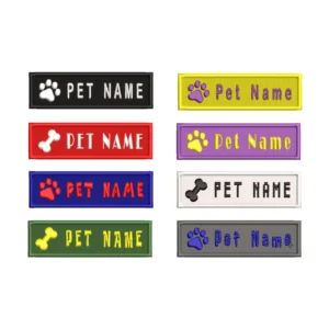 Various colors Pet Name Custom label Embroidered Patch over white background