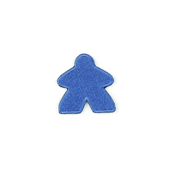 blue board game piece (meeple) embroidered patch on white background