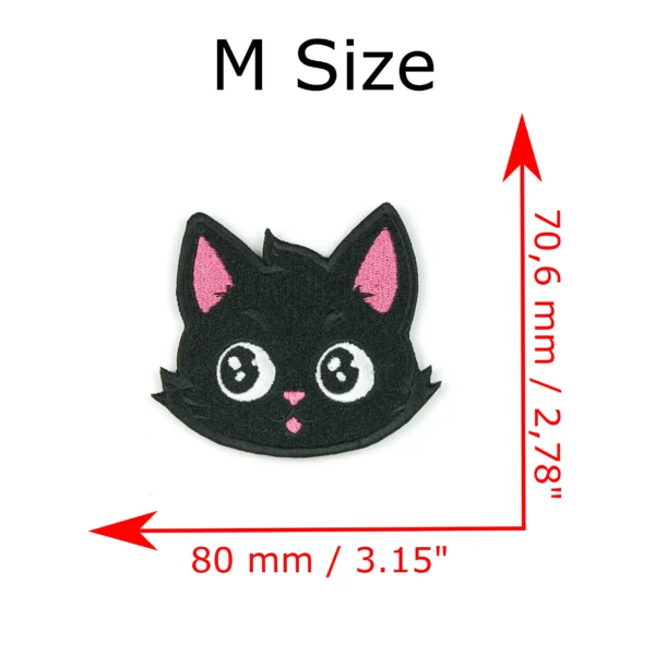 Kawaii black cat head embroidered patch size M measurements