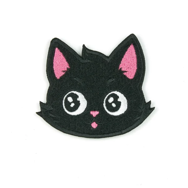 kawaii black cat head embroidered patch on white background