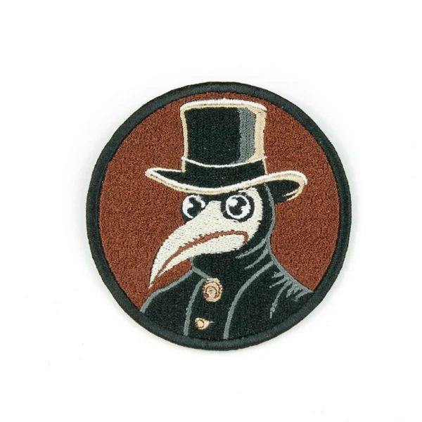 Steampunk style plague doctor embroidered patch on white background