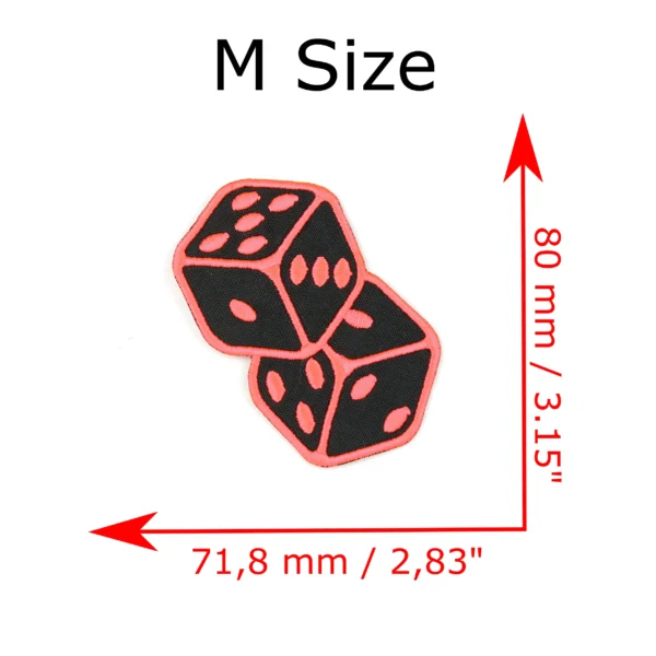 Embroidered patches of a pair of 6-sided dice in neon red size M measurements