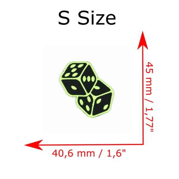 Embroidered patches of a pair of 6-sided dice in neon yellow size S measurements