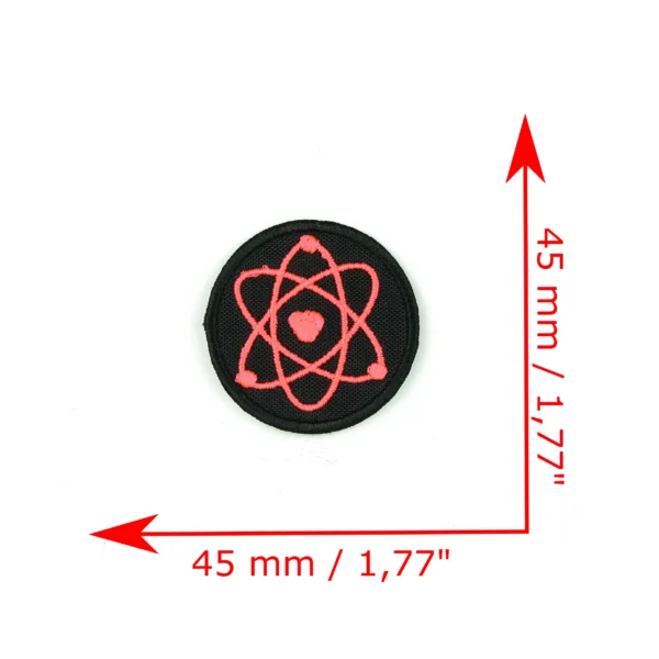 Neon red atom embroidered patch measurements