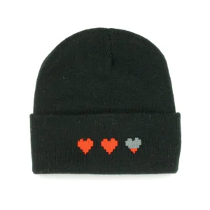 beanie with a hand-stitched embroidered patch of the pixeled hearts