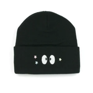 beanie with a hand-stitched embroidered patch of the kawaii fluff