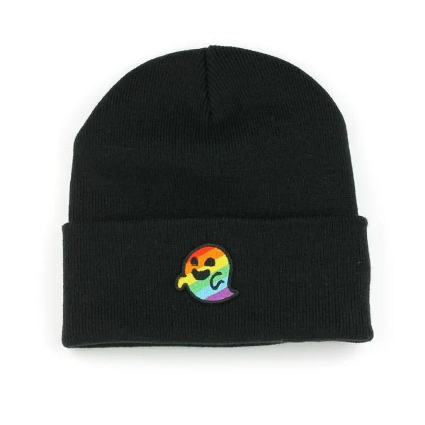 beanie with a hand-stitched embroidered patch of the gaysper meme