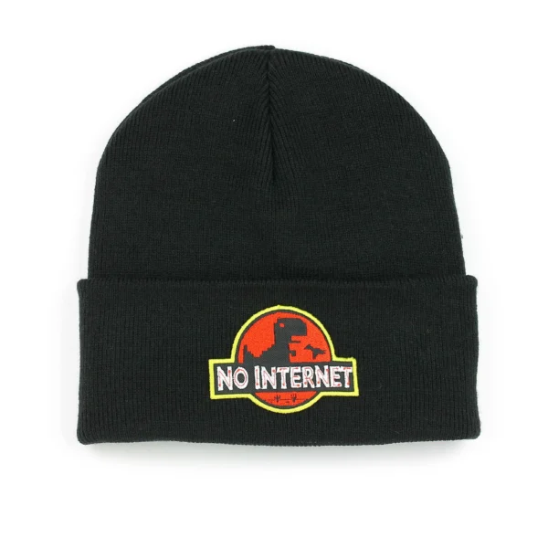 beanie with a hand-stitched embroidered patch of the no internet meme