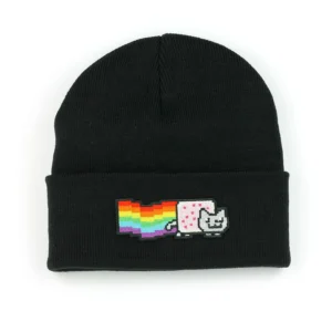 beanie with a hand-stitched embroidered patch of the nyan cat meme