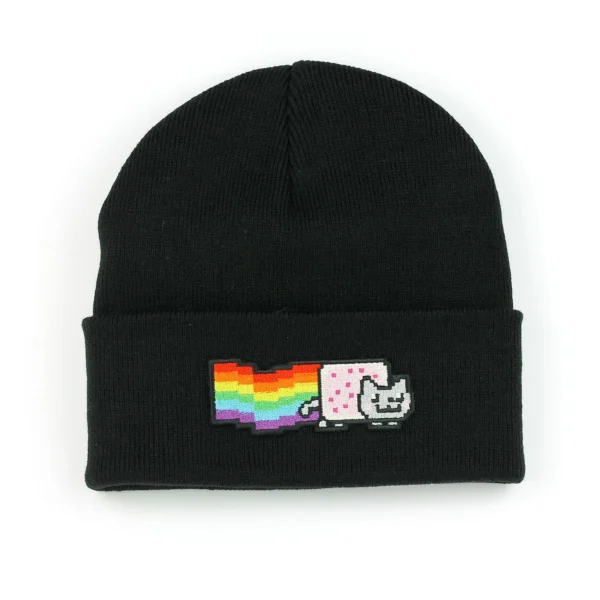 beanie with a hand-stitched embroidered patch of the nyan cat meme