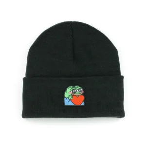 beanie with a hand-stitched embroidered patch of the peepo love meme