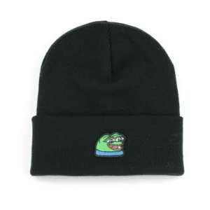 beanie with a hand-stitched embroidered patch of the peepo meme