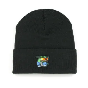 beanie with a hand-stitched embroidered patch of the peepo wicked with can meme