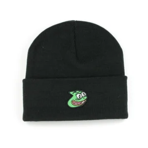 beanie with a hand-stitched embroidered patch of the pepega meme