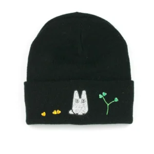 beanie with a hand-stitched embroidered patch of the white rabbit